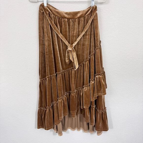 Umgee Dresses & Skirts - Umgee Womens Tiered Ruffle Midi Skirt Size L Velour Winter Festive Boho Gold